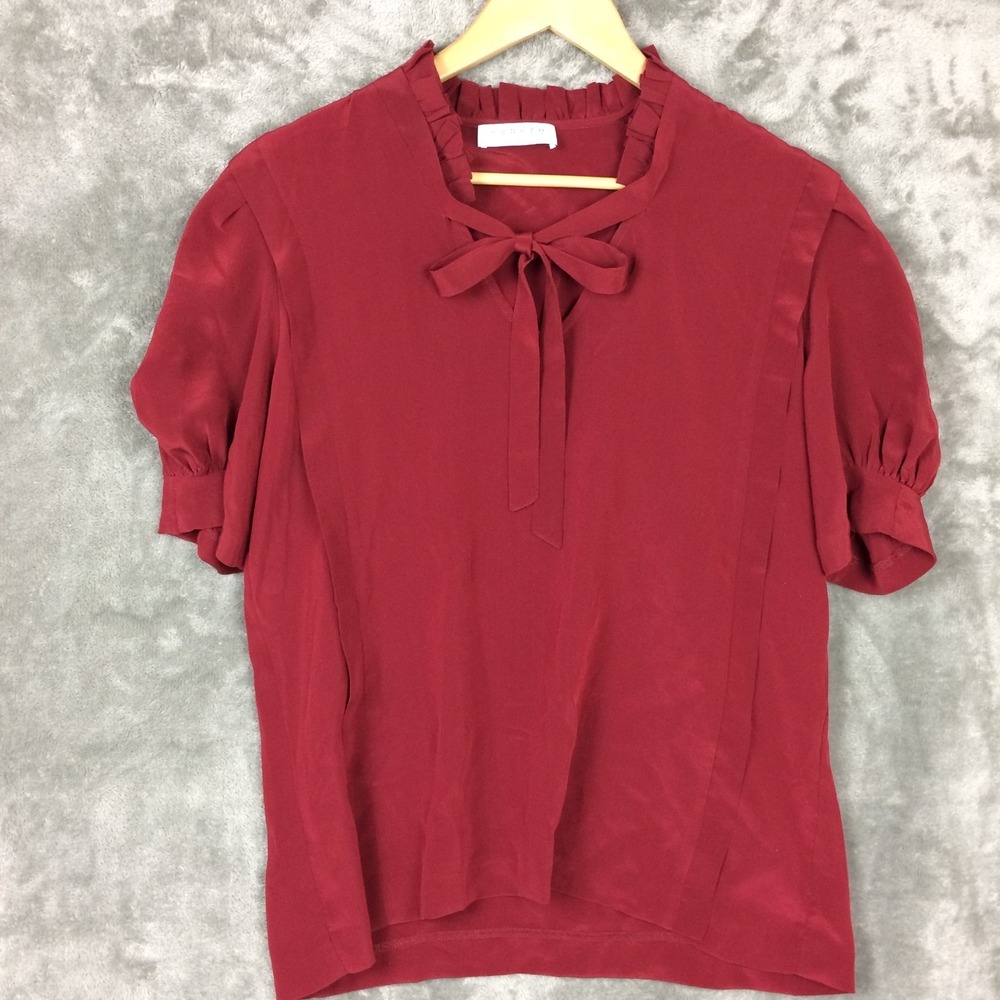 Sandro‎ Paris Blouse Womens L 3 Red Bow Tie Pussybow Ruffle Silk Romantic Career